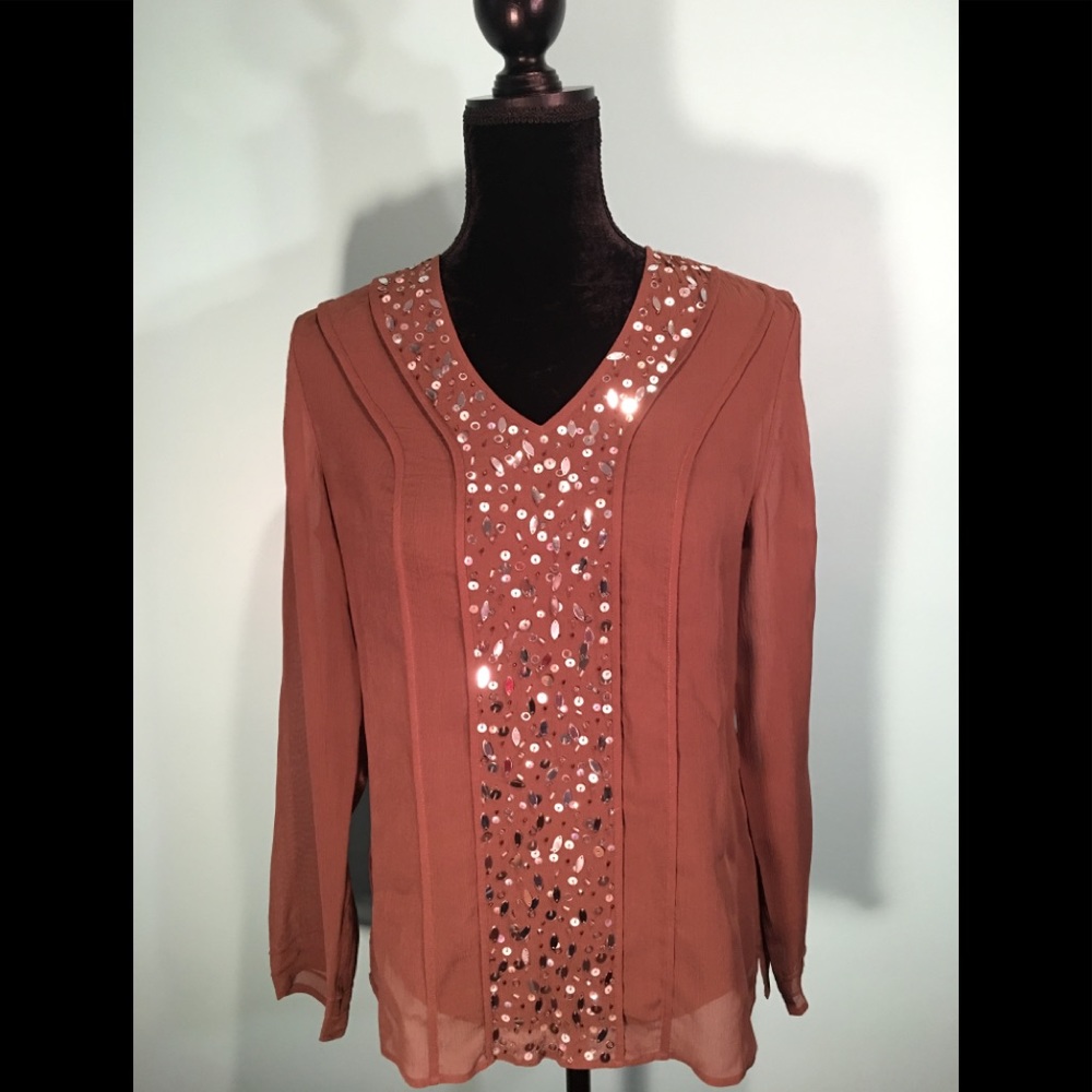 I.E. Embellished Silk Sheer Blouse Size S